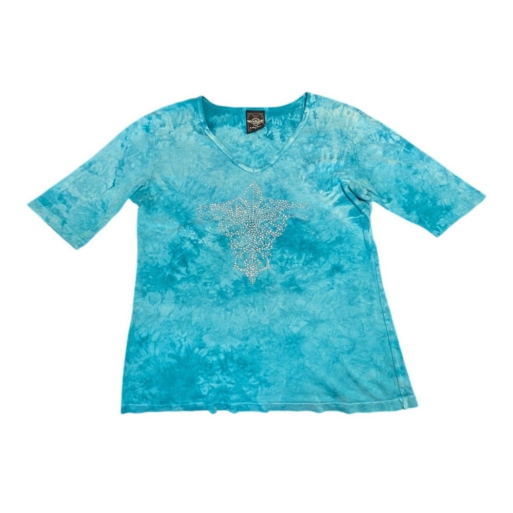 Sledge USA Y2K Top Rhinestone Tie Dye Turquoise V-Neck Boho Short Sleeve Large